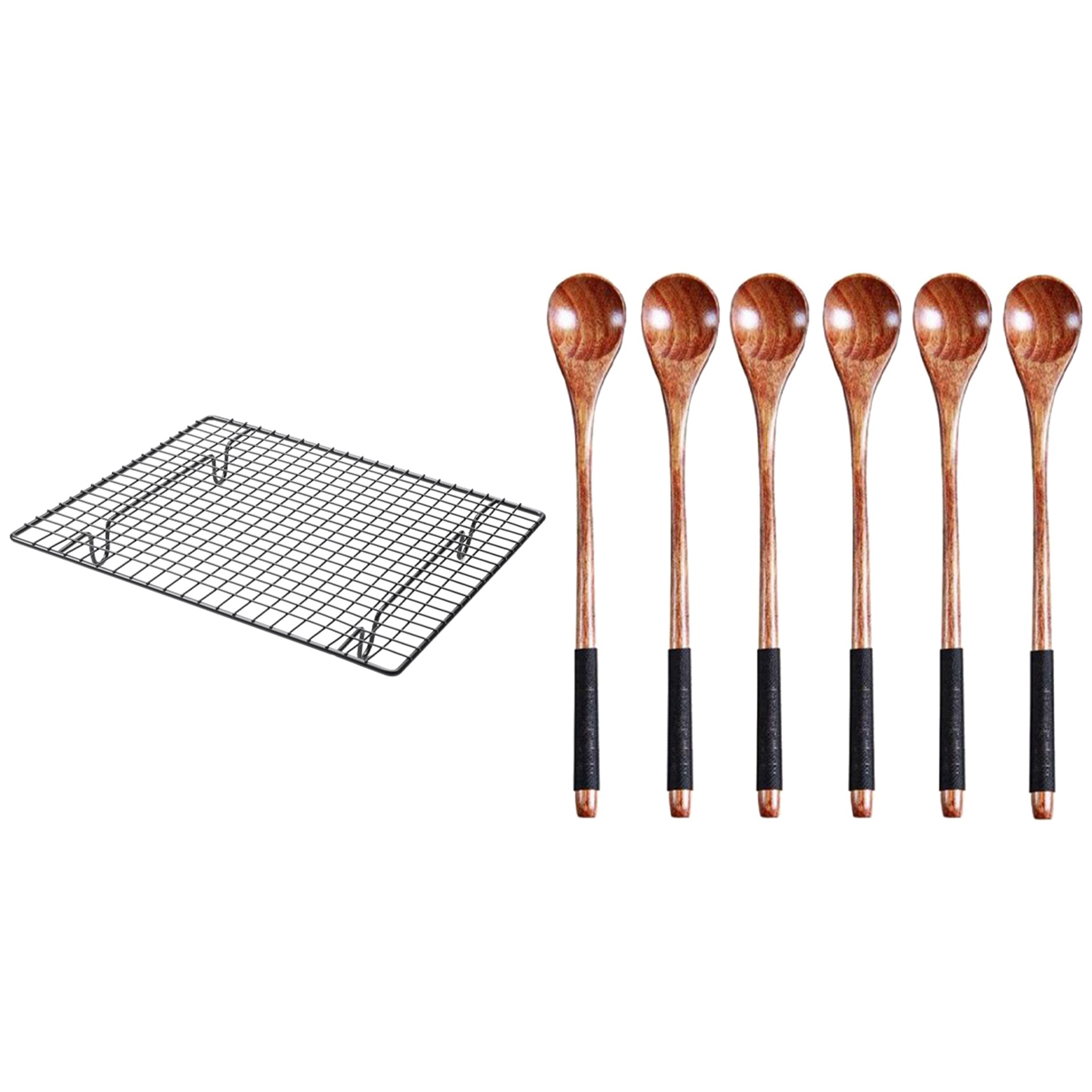 FORIDE 1 Pcs Non-Stick Cake Cooling Rack Baking Rack & 6 Pcs Long Handled Wooden Spoons Wood Tea Coffee Spoon