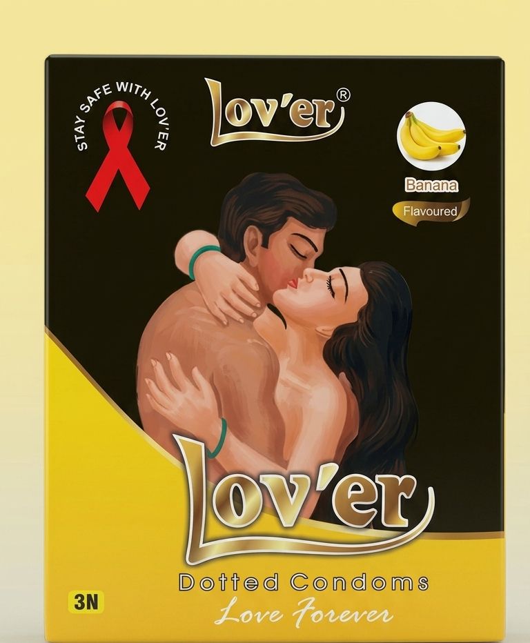 Lov'er Banana Flavoured Dotted Condoms - 3 Pieces | Premium Ribbed Dotted Latex Male Condoms