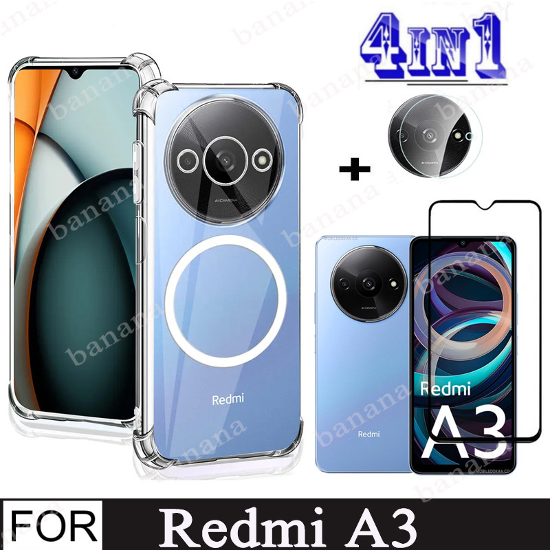 4in1 Redmi A3 กรณีสติกเกอร์แม่เหล็กกันกระแทกเคสโทรศัพท์สําหรับ Redmi A4 A5 14C กระจกนิรภัยป้องกันหน้าจอฟิล์ม