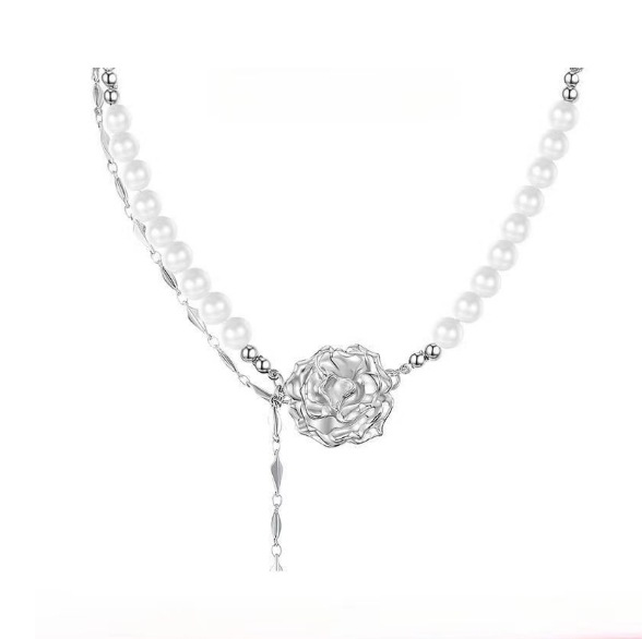 【Top Picks】Red Blocks Blooming Style Rose Elegant Design High Set Dagging Necklace Silver Clavicle Chain 2024 New Women