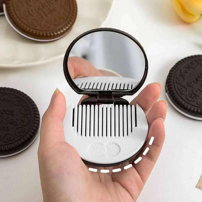 Mini Chocolate Cookie Cute Vanity Makeup with Comb Cartoon Biscuits Shape Folding Compact Pocket Mirror