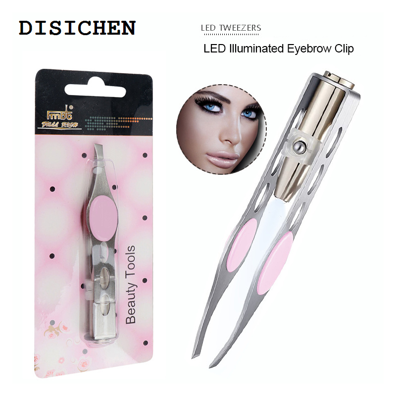 DISICHEN Hot Selling 1PC LED Eyebrow Tweezer Oblique Tip Stainless Steel Eyebrow Trimming Clip Eye Hair Removal Prune False Eyelash Clamp Makeup Tool