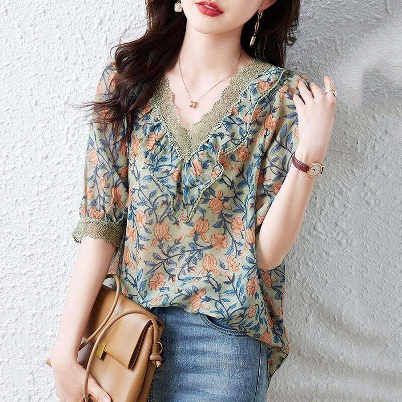 2026 Summer High Jacquard Chiffon Shirt Women's Short-sleeved Noble Temperament Lady Casual V-neck Korean Shirt
