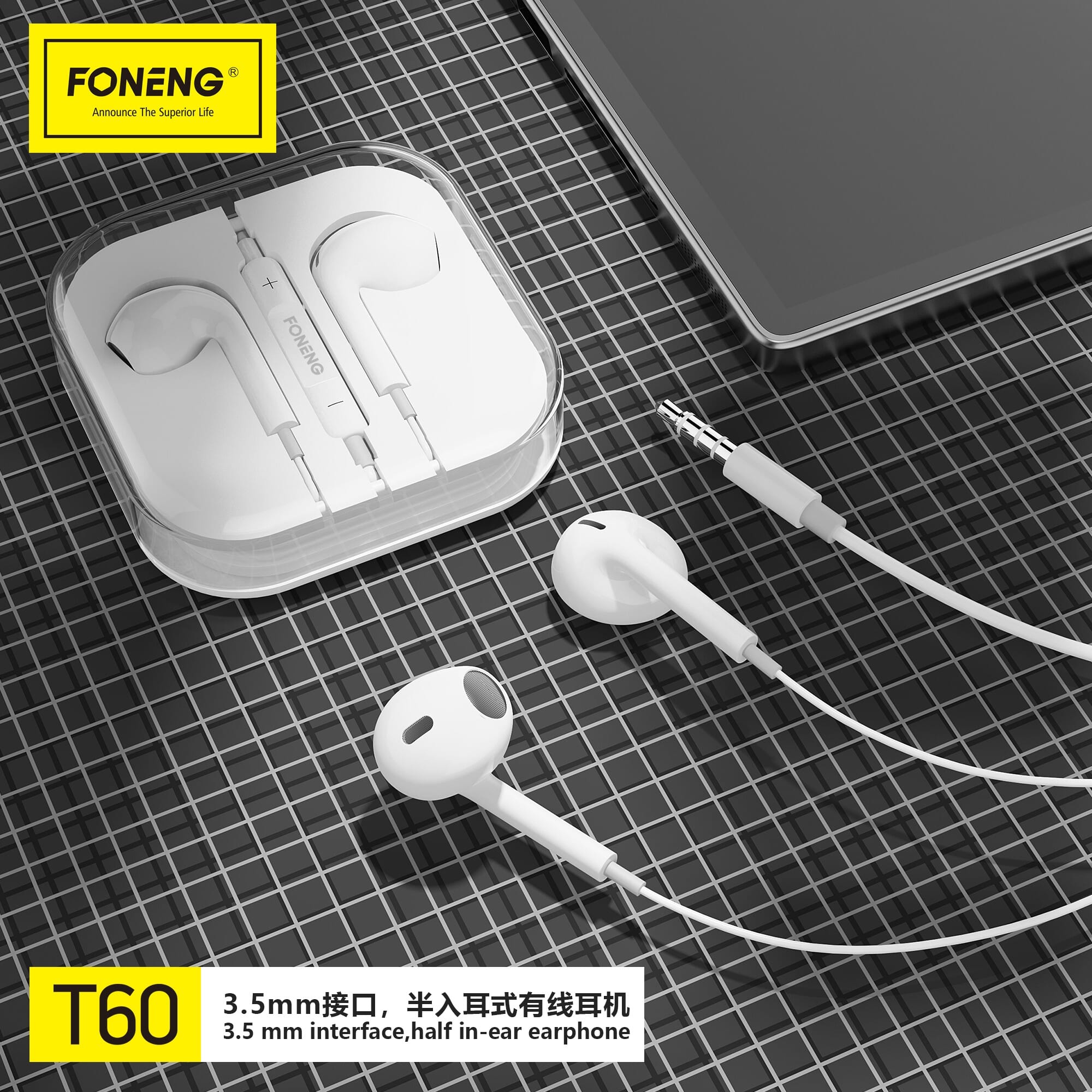 Foneng t60 semi-in-Ear wired earphone 3.5 mm metal pic HD microphone