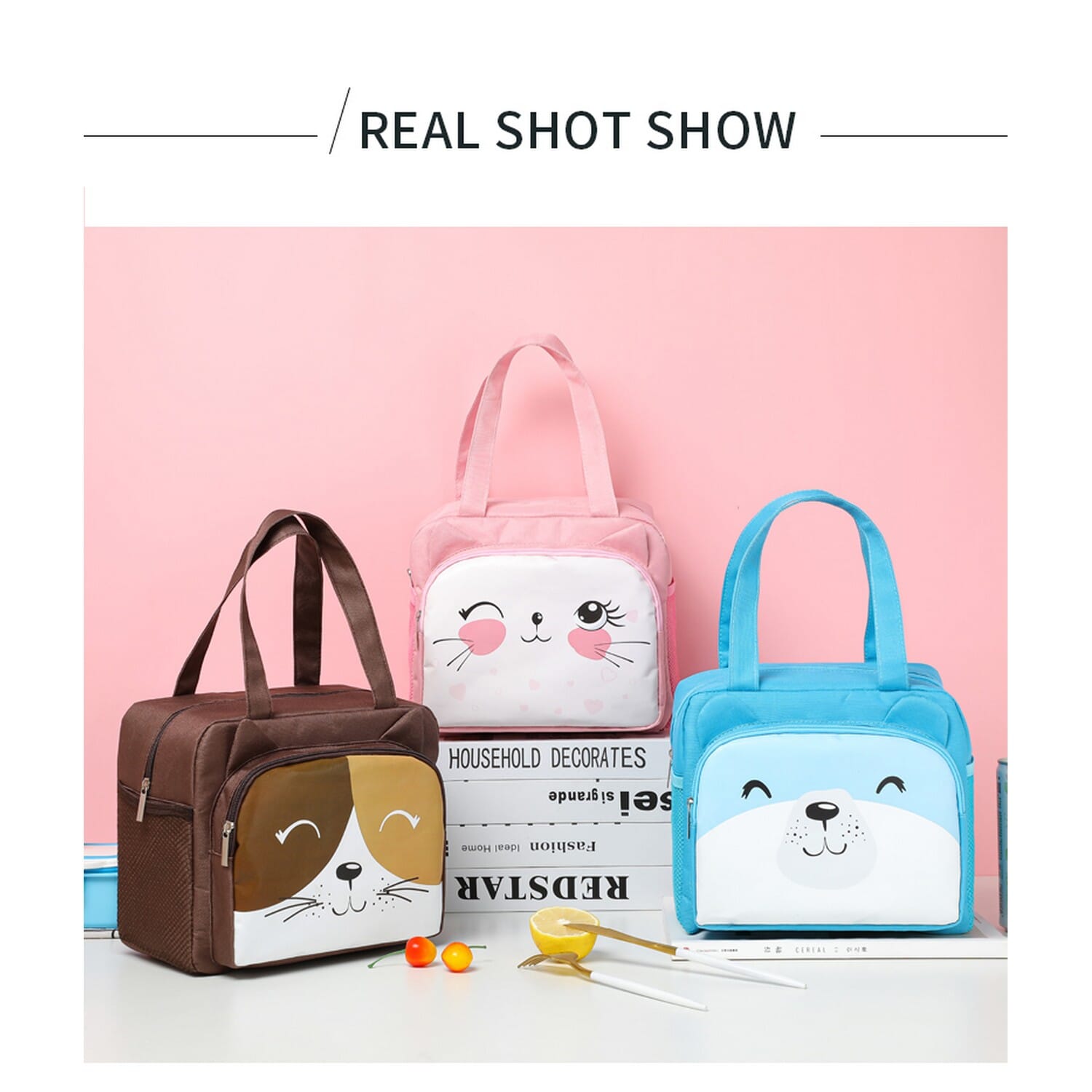 Cute Thermal Insulated Lunch Bags with Outer Zipper Pocket and Side Bottle Holder - Multicolor Lunch Bags |