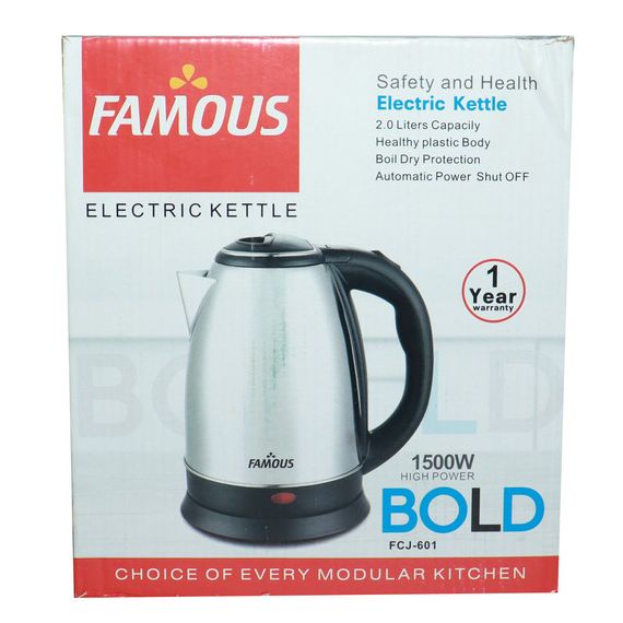 Famous Stainless Steel Electric Kettle 2 Litre 1500W Bold FCJ-601