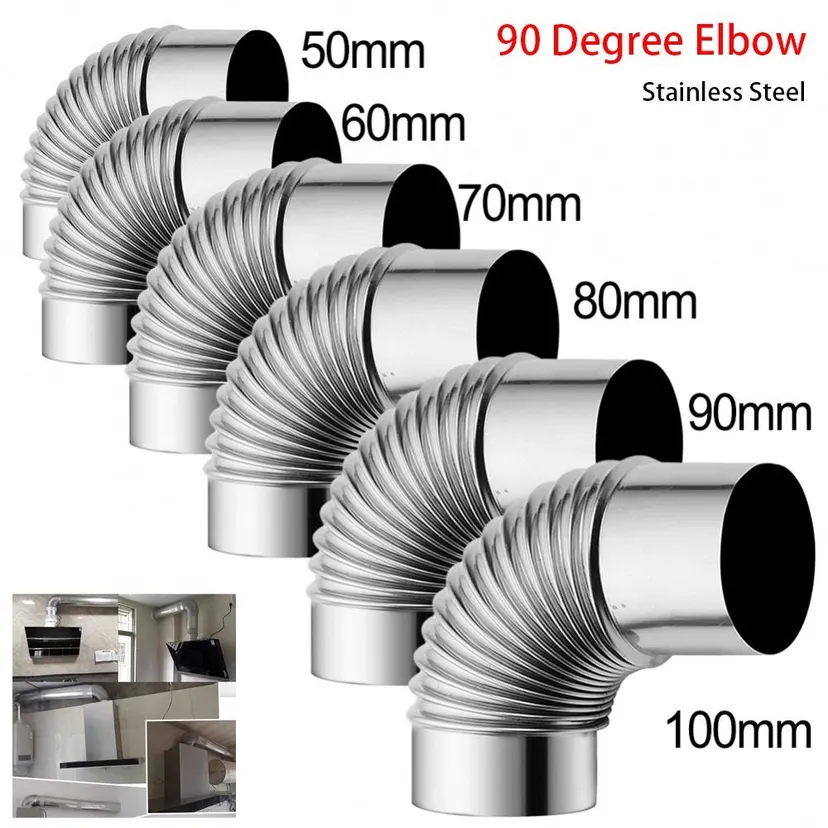 1Pcs Durable Exhaust Pipe Vents Flue Pipe Elbow Gas Water Heater Stainless Steel Flue Stove Tube 50/60/70/80/90/100mm Chimney Liner Bend 90 Degree Elbow