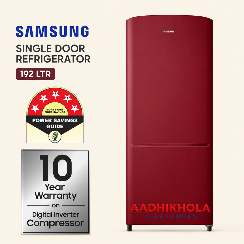 Samsung 192L Single Door Refrigerator = RR20C20C2RH with Digital Inverter Technology, Energy Saving Performance, Fast Direct Cooling System, Low Noise Operation, Stabilizer Free, Durable Build & Stylish Scarlet Red Finish