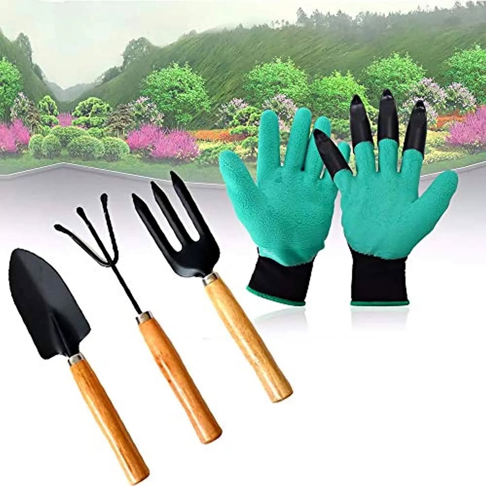 1 Pair Green Garden Gloves with Claws And 3 Piece Gardening Tools Set