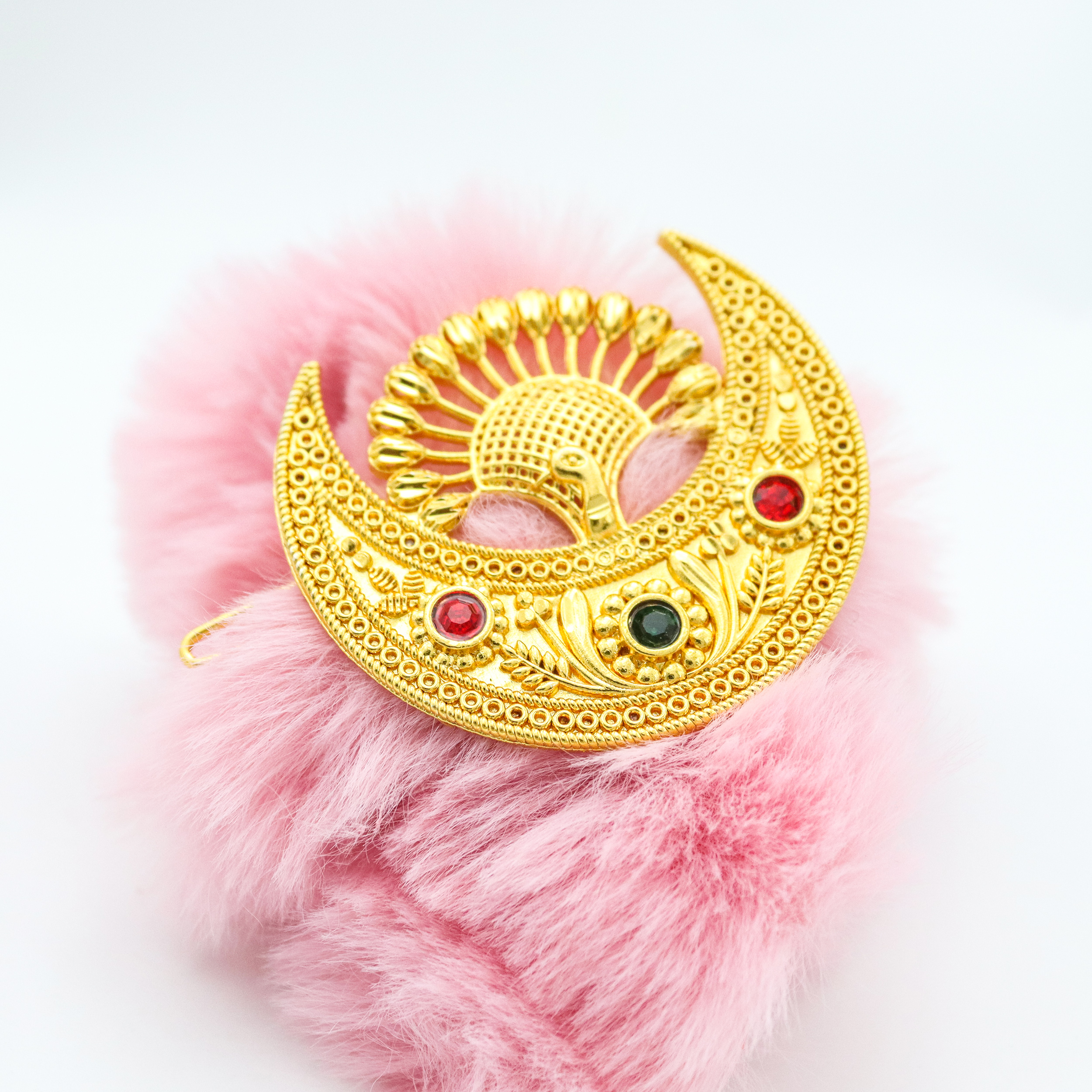 Gold Plated Panchadhatu Large Chandrama Hair Pin/Clip With Red And Green Stones For Women