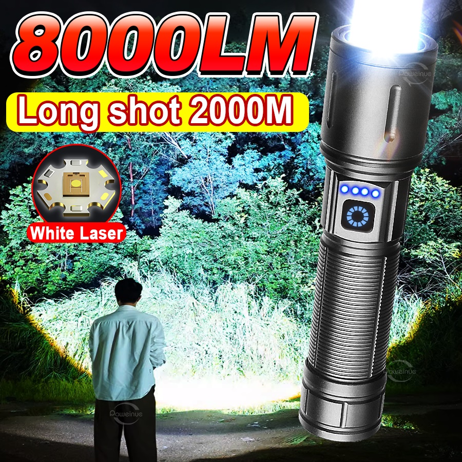 Sales promotion 8000LM Super Bright LED Flashlights 2000m High Power White Laser Wick 26650 Rechargeable Torch Powerful Camping Torch Flashlight