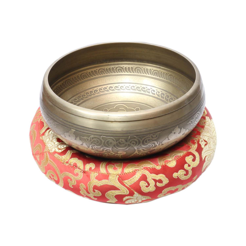 Big Om Mane Padme Pattern Hun Singing Bowl With Cushions Stand Wooden Stick