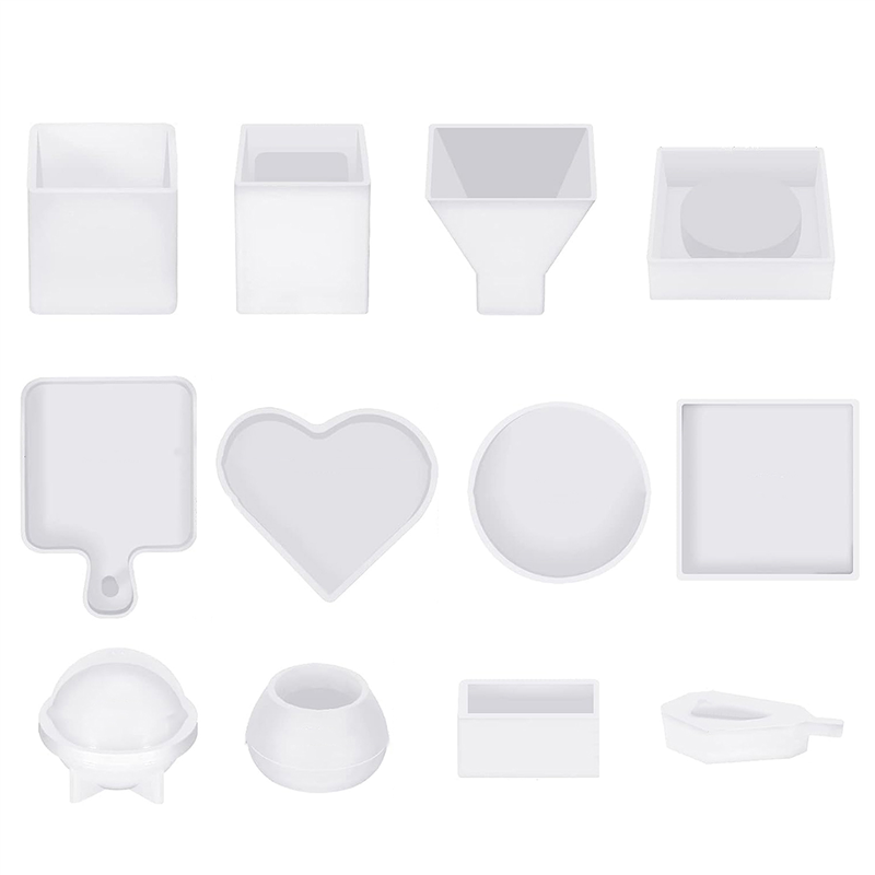 Resin Molds Silicone Kit 12PCS Epoxy Resin Molds Resin Mold Silica Gel Including Pen Container, Tray, Love, Round