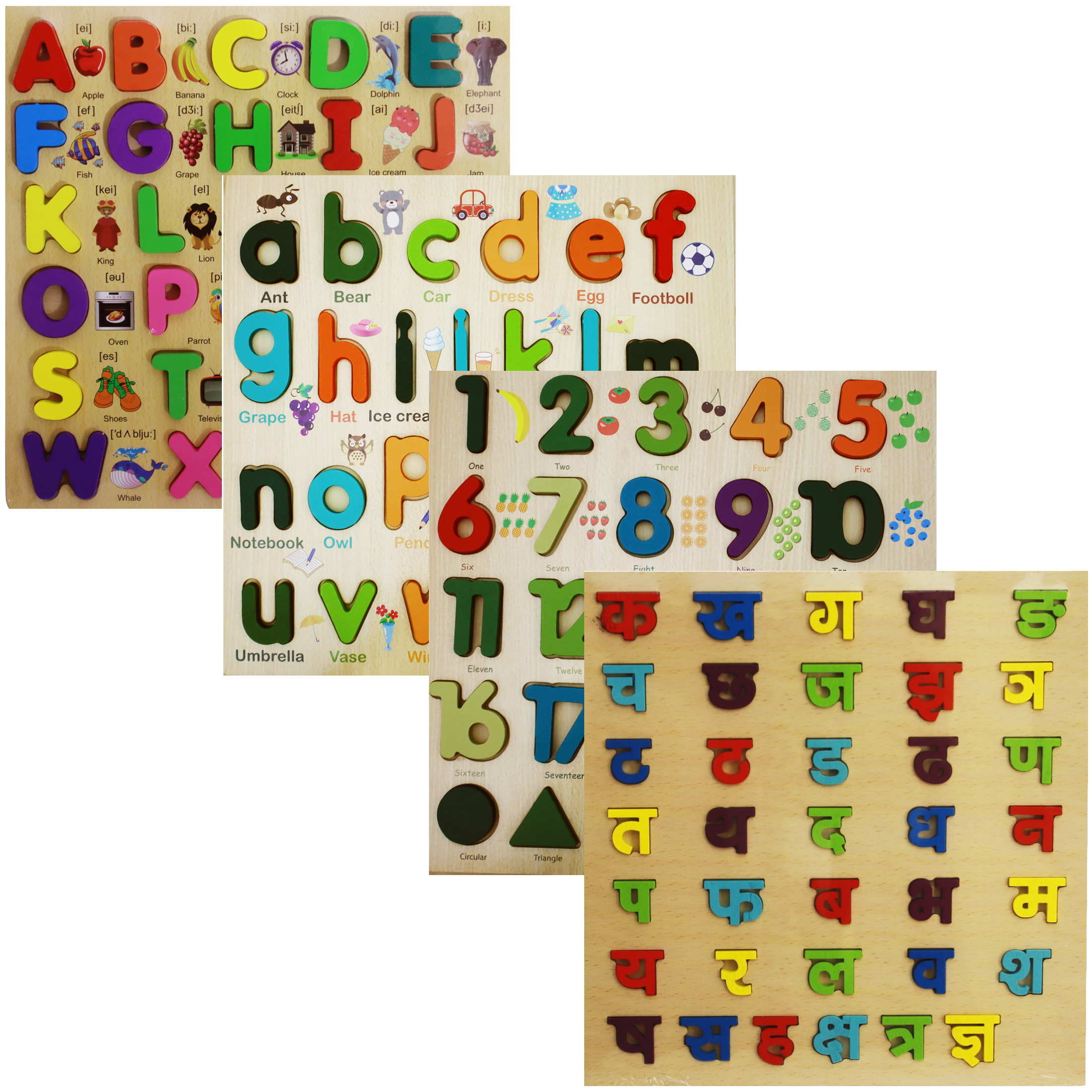 4-Piece Colorful Wooden Montessori Learning Boards for Baby - English Capital/Small Letter & Nepali Varnamala Vowel/Consonant for Early Education