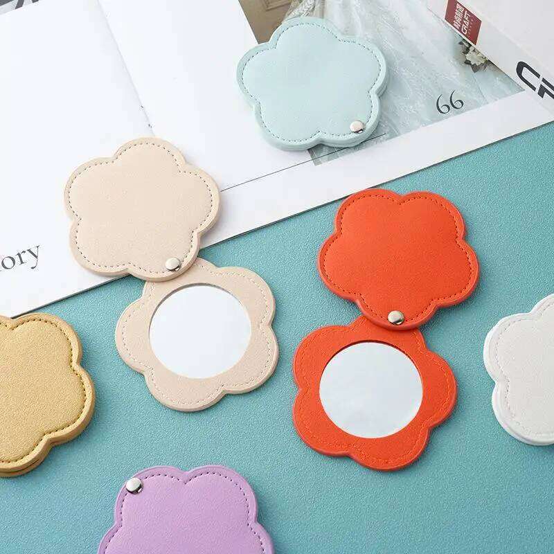 Cute Portable Flower Shape Compact Solid Color Unbreakable Makeup Rotating PU Leather Cosmetic Mirror Travel