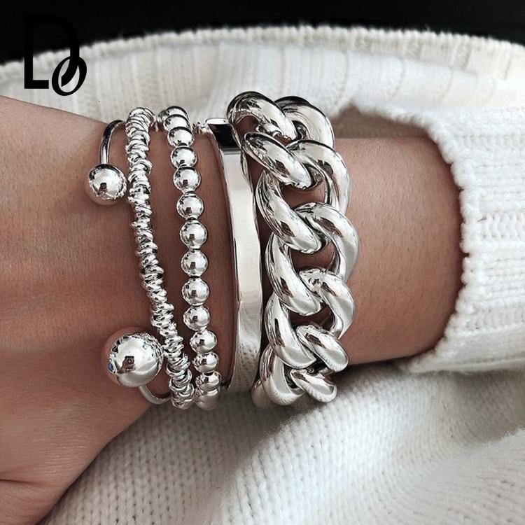 5Pcs/Set Exaggerated Thick Chain Open Bangles Bracelet, Irregular Geometric Round Bead Metal Bracelet Fashion Jewelry New 2025