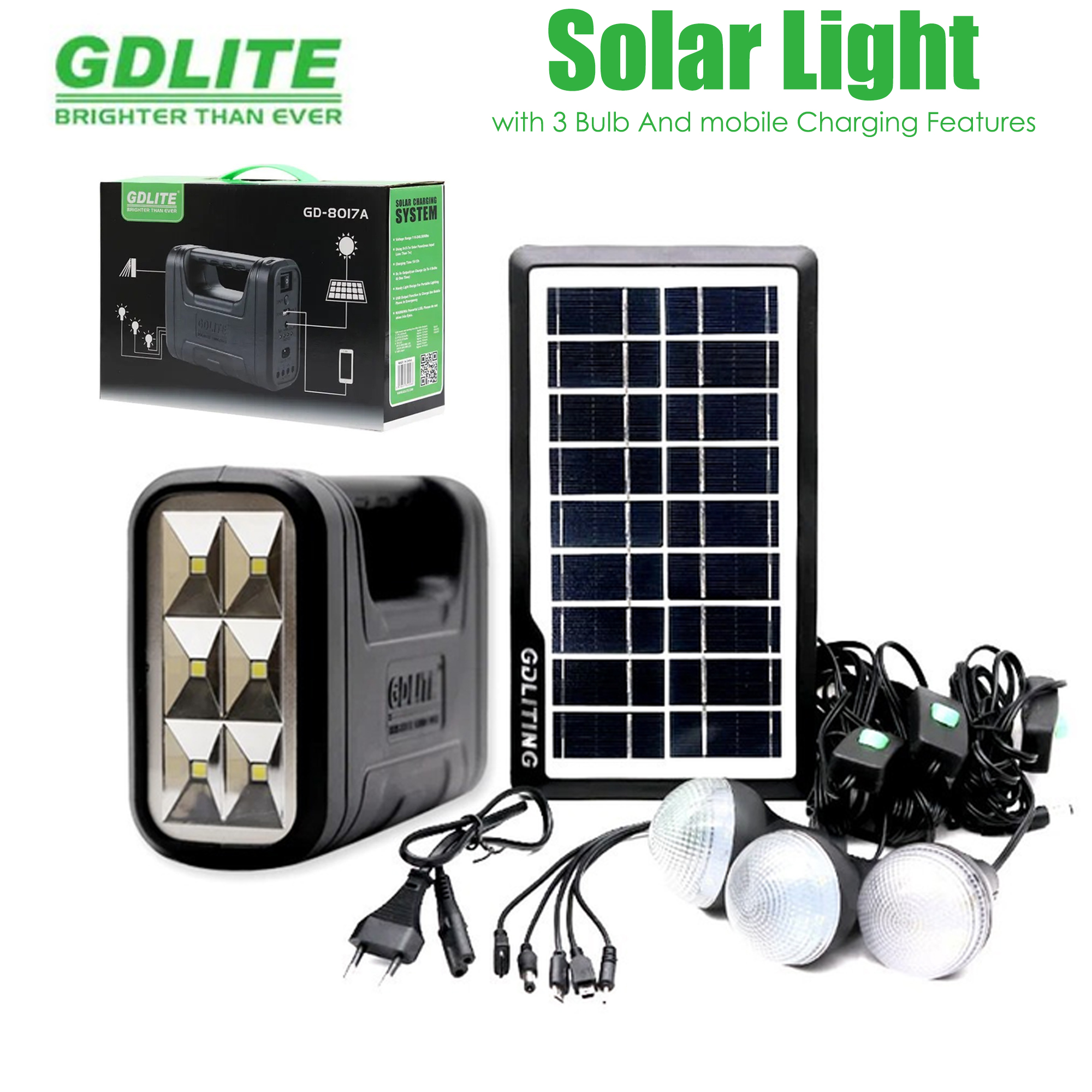Gdlite GD-8017 Solar Lighting Kit | Portable Emergency Solar Light with USB Output | Includes Solar Panel, 3 LED Bulbs, Battery, Flashlight, and Power Bank Function | Ideal for Charging Phones & Outdoor Use
