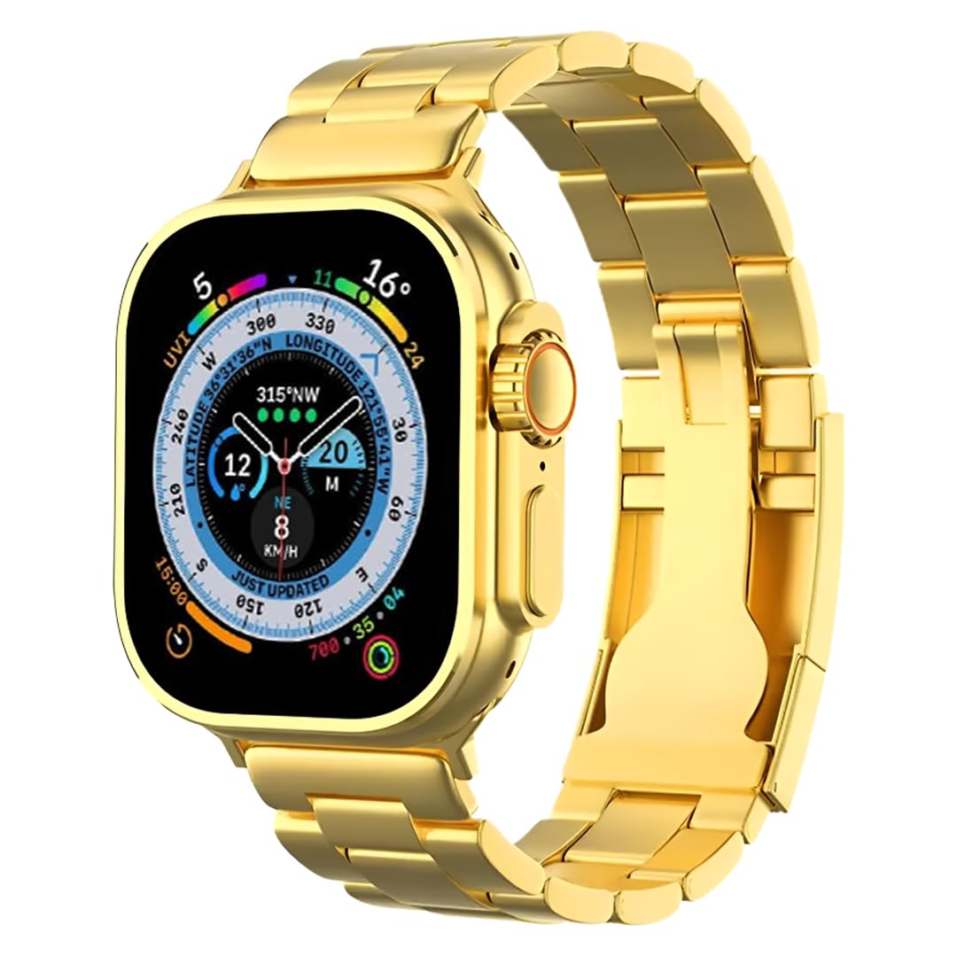 Golden Ultra Bluetooth Calling Smartwatch, Wireless Charge, Multiple Watch Faces, Smart Watch for Men with Golden Strap