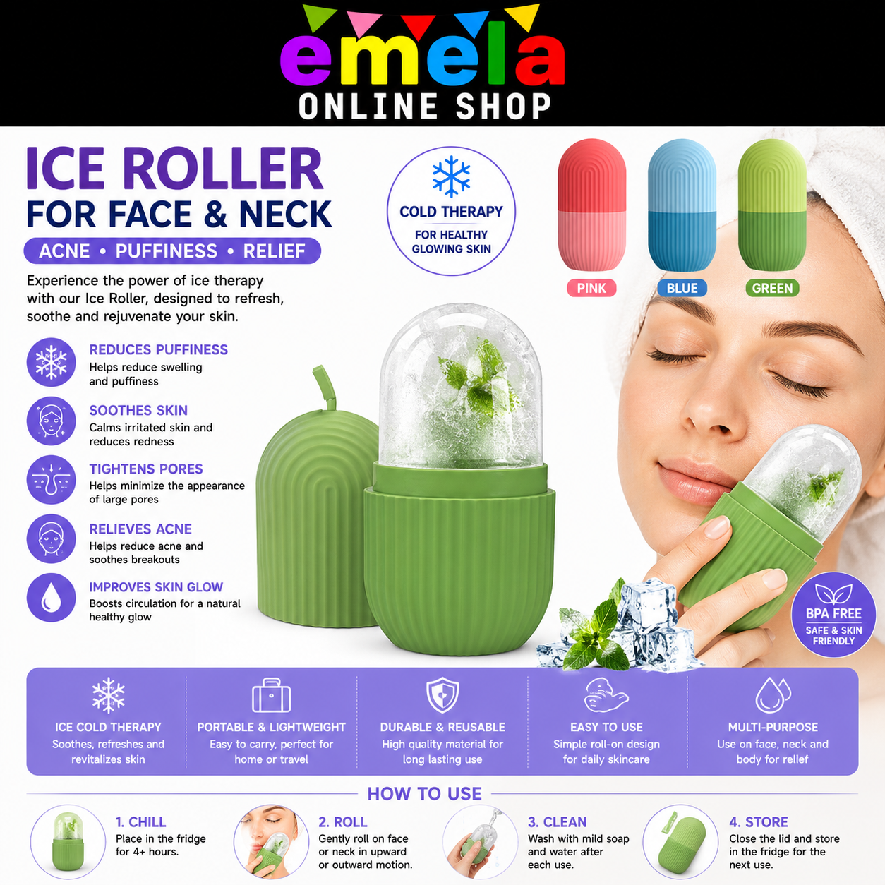 Ice Roller For Face and Neck | Acne Puffiness Relief Ice Roller