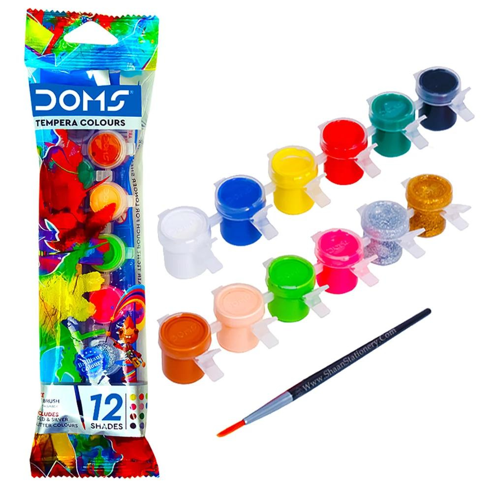 Doms Tempera Water Color | 12 Shades | Gold & Silver Included | Bright & Smooth Painting With Free Brush