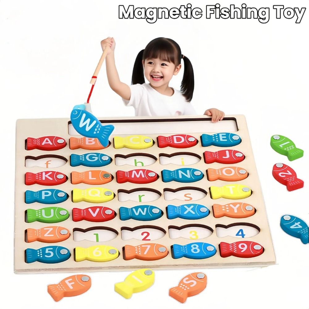 Boys Girls Wooden Kids Fishing Toys Letter Cognition Puzzle Board Letter Number Puzzle Colorful Color Pairing Fishing Game Toy Children Toy