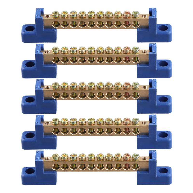 NAMUNY Terminal Block Blue Terminal Bus Bar 10 Positions Screw Brass Terminal Grounding Strip Bus Bar Block Pack of 5