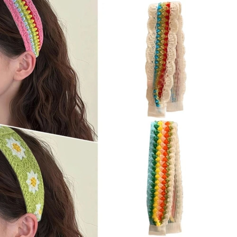 Fashion Floral Knitted Knit Embroidery Headband Non Pressure Sweet Design Chinese Style Headwear Ethnic Style Artistic Retro Knitted Headband Makeup Application