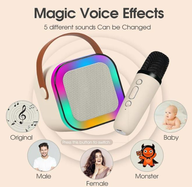 K12 Portable Mini Karaoke Machine - Wireless Bluetooth 5.3 Speaker with Dual Mic - RGB Lights & Magic Voice Effects