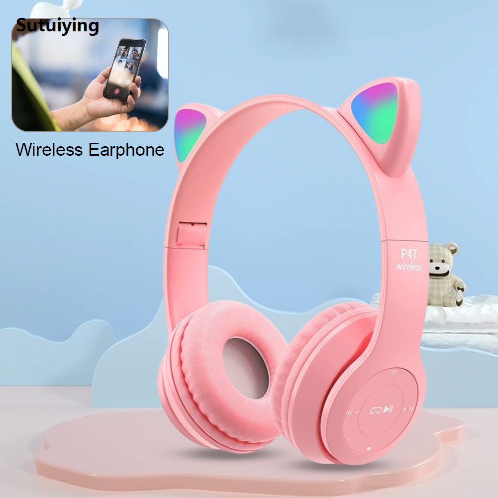 Sutuiying Cute Cat Wireless Headphones Wireless Bluetooth Cat Ear Gaming Headset Original Glow Light Helmets Cute Sports Music Headsets Kid's Gifts