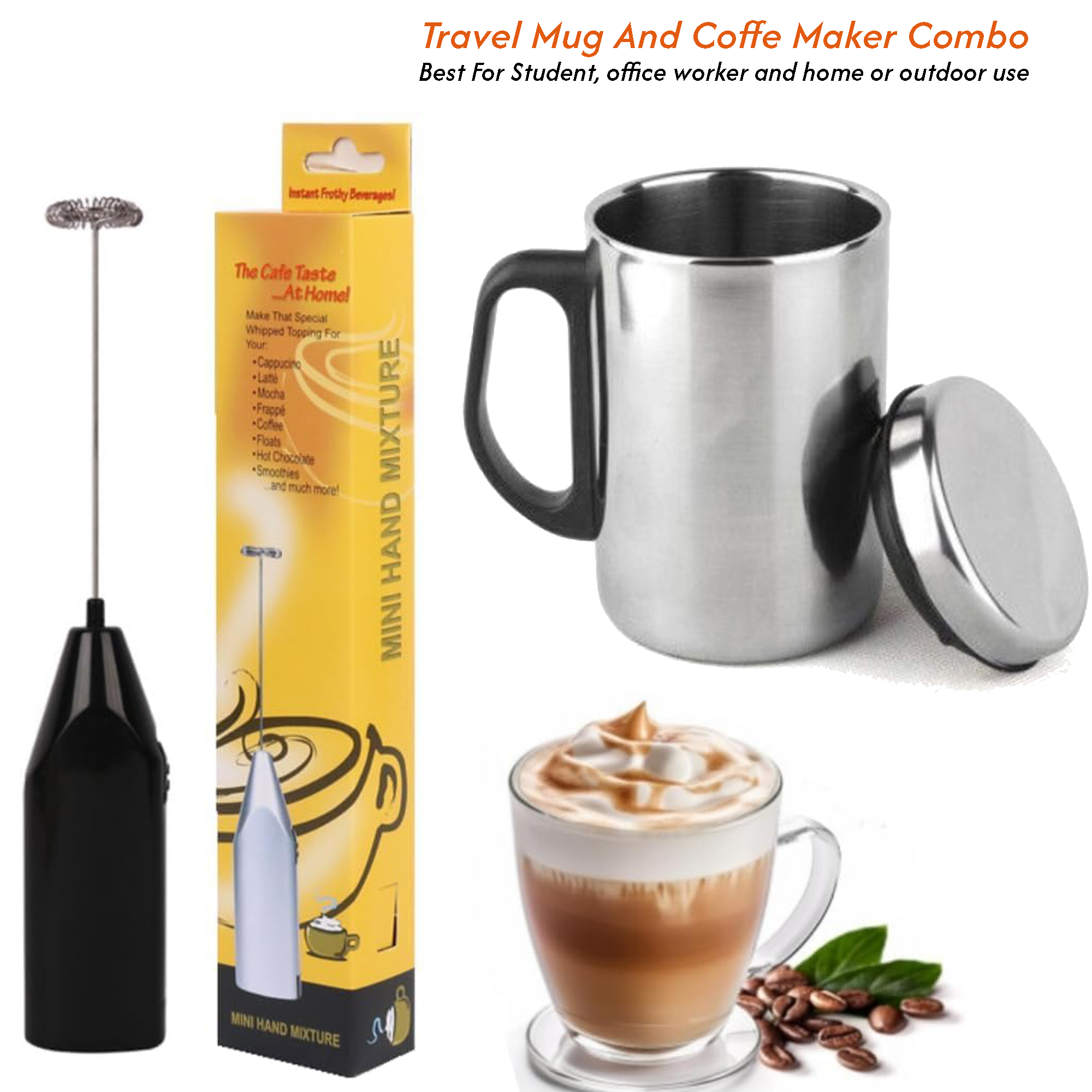 2-in-1 Coffee Lover Combo: Stainless Steel Travel Mug & Electric Milk Frother Handheld Whisk, Coffe Maker