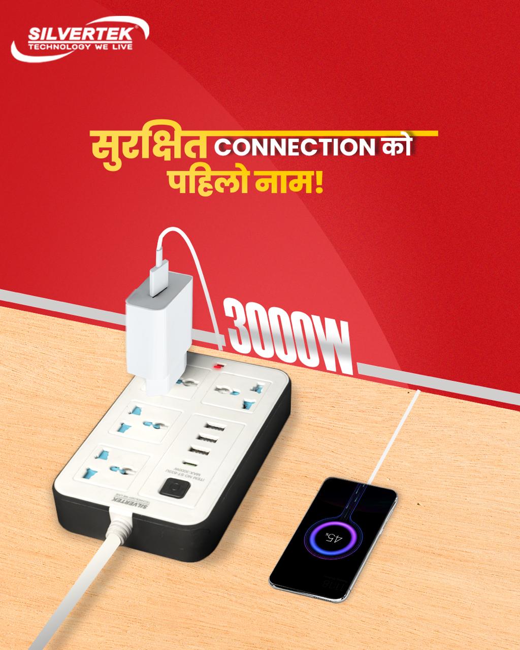 Silvertek 3000W Multiplug with 6 charging port , 3 USB Port & C-Type Charging Port