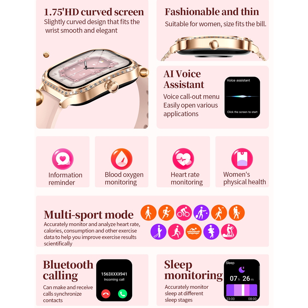 Linman New For HUAWEI FIT3 Smart Watch Women 1.75| HD Display Heart RaNew te Sport Fitness IP68 Waterproof BT Call Smartwatch For Lady Gift