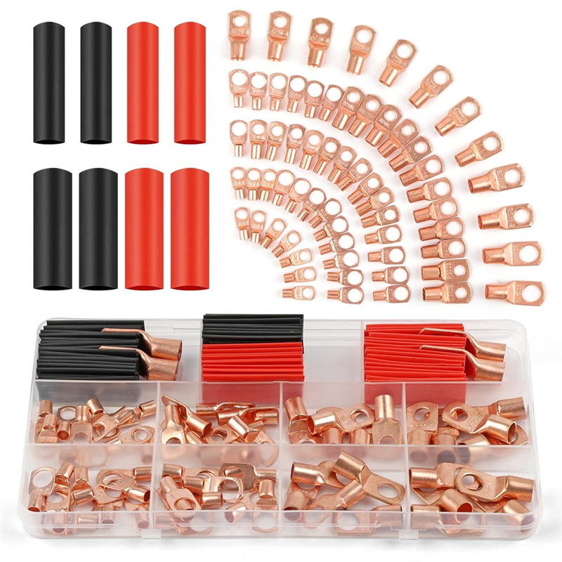 Copper Wire Lugs Kit 130 Pieces, AWG 2 4 6 8 10 12 Gauge Battery Cable Ends Connectors Assortment for Automotive for Marine