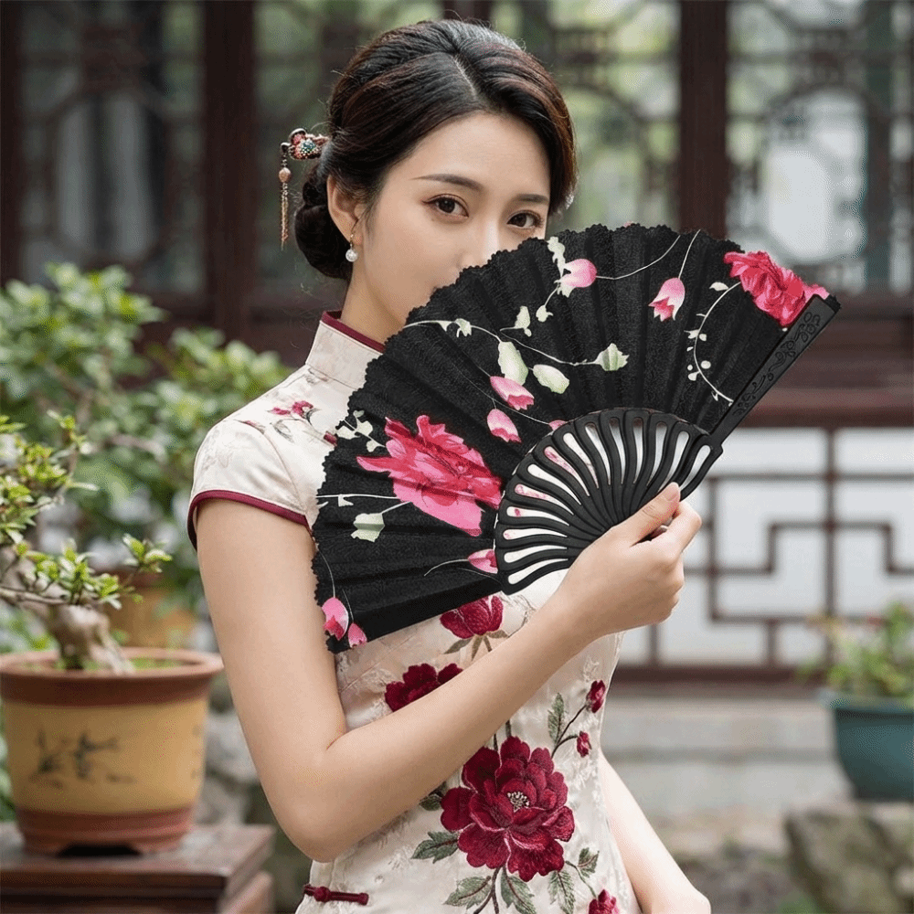Beautiful Plastic Rod Folding Fan Hollow Decorative Cloth Hand Fan with Fan Ring Dance Fan Hanfu Accessories