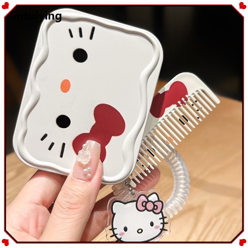 Sutuiying Sanrio Butterfly Hello Kitty Handheld Folding Makeup Mirror Cartoon High Quality Cute Student Small Mirror Portable Makeup Mirror Comb Gift