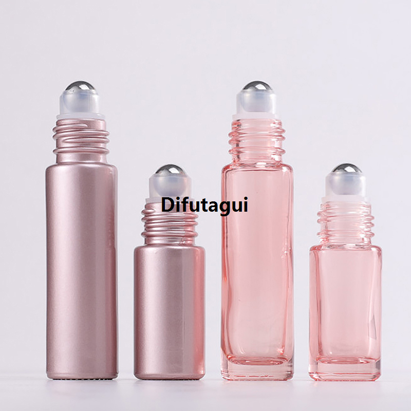 Difutagui 1PCS Glass Roll On Bottle 5/10ml Pink Roller Bottle Essential Profesional Oil Lip Gloss Refillable Tube Empty Jar Glass Perfume Bottle