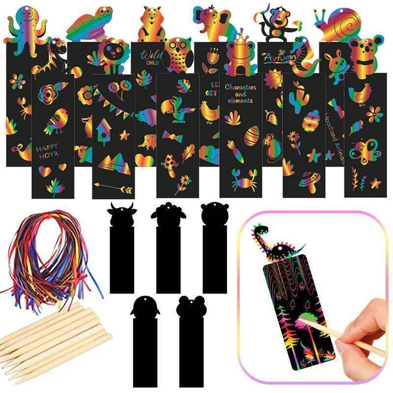 12pcs Magic Bookmarks Bamboo Stick Pen Ropes Scratching Rainbow Children Puzzle Drawing Toys Handmade DIY Art TMZ