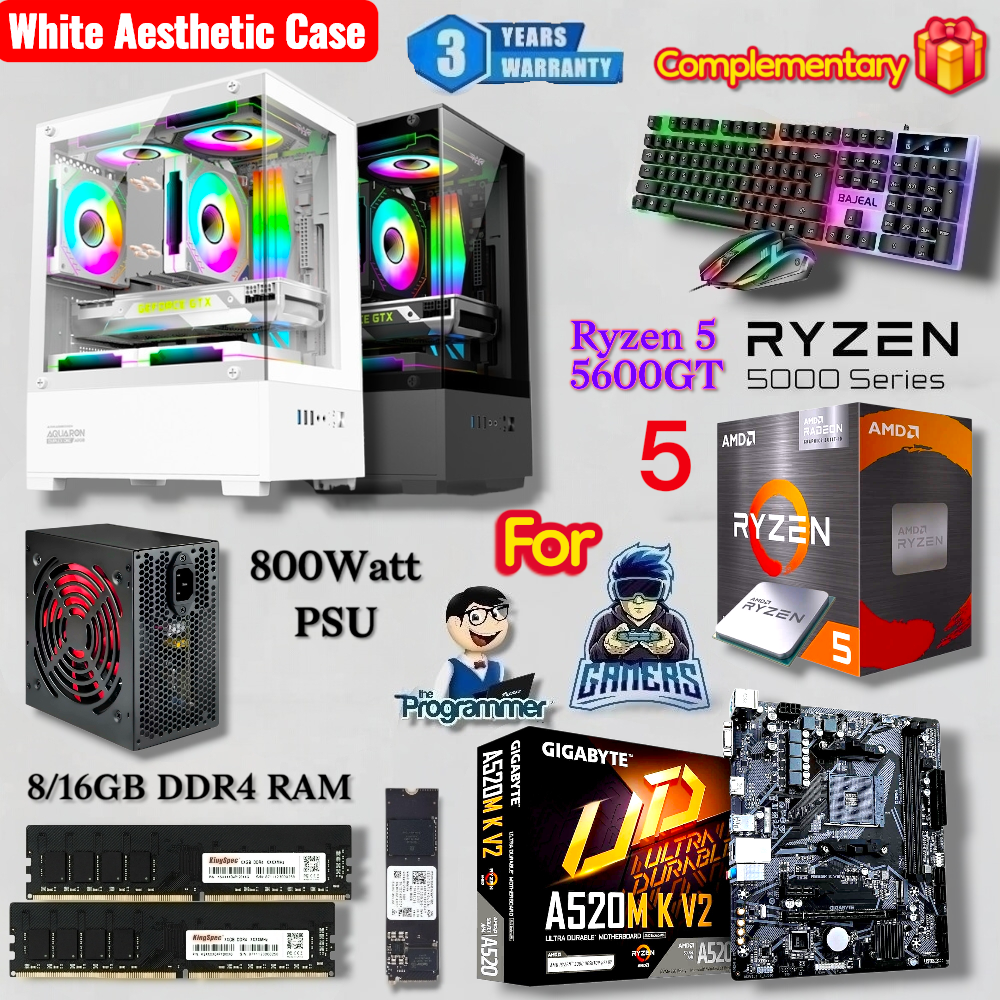 AMD Ryzen 5 5600G/GT Transparent Gaming PC Setup With 800Watt PSU, B550M/A520M Board, 8/16GB DDR4 RAM, 512/256GB Nvme M.2 SSD Gaming CPU Desktop.