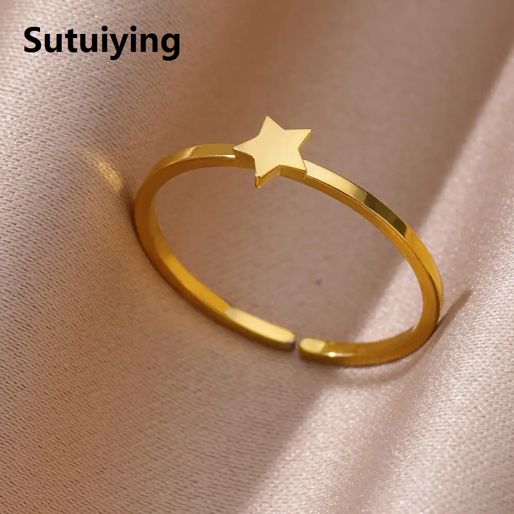 Sutuiying Stainless Steel Rings for Women Jewelry Accessories Simple Vintage Decoration Moon Sun Star Heart Flame Cross Adjustable Ring