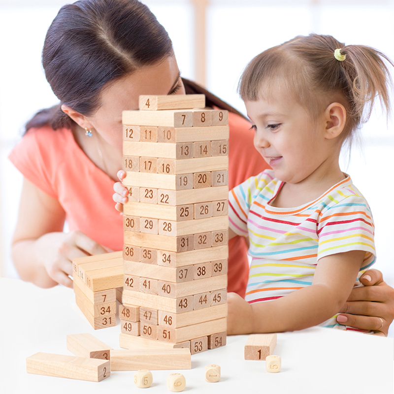 Montessori Wooden Tumbling Tower Game - 54 Pcs Colorful Stacking Blocks | Educational Number Balancing Puzzle for Kids & Family Party Game