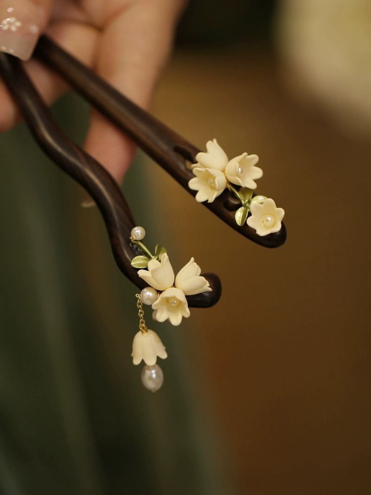 [4072 People Collection ] Wooden Hairpin Simple Modern Lily of the Valley Pendant Elegant Hanfu Qipao Accessory Hairpin Hair Stick Hair Bun Wooden Hairpin