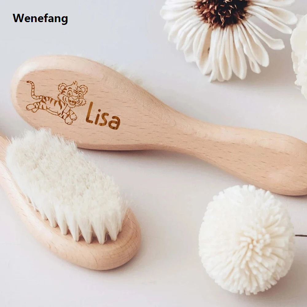 Wenefang Custom Name Baby Hair Brush Personalized Toddler HairBrush Cute Animal Engraved Wood Brush Boys Girls Keepsake Baby Shower Gift