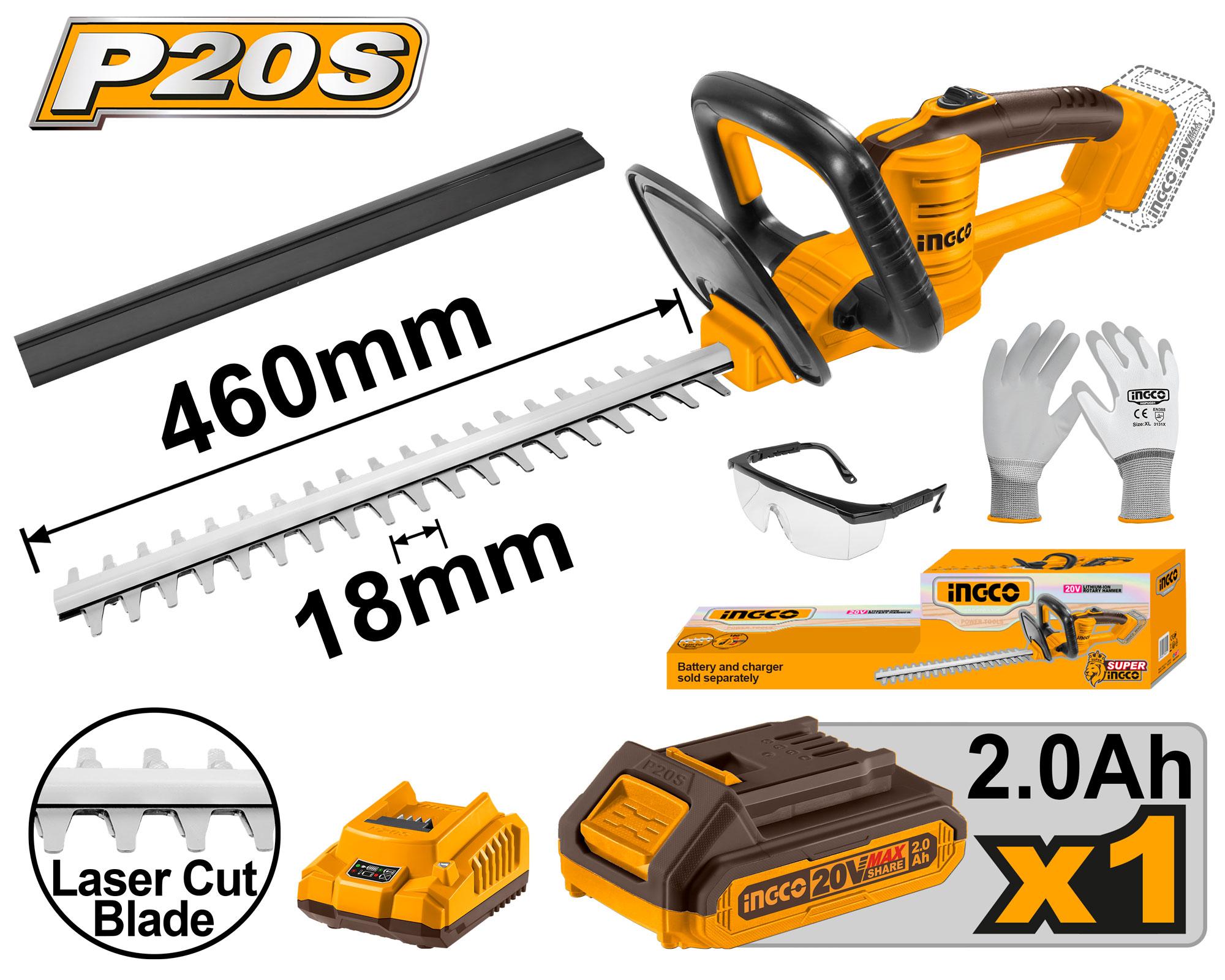 CHTLI20461 Cordless hedge trimmer Include: 1 Pcs safety goggles 1 Pcs PU coated gloves 1 Pcs 2.0Ah battery pack(FBLI2001) INGCO BRAND