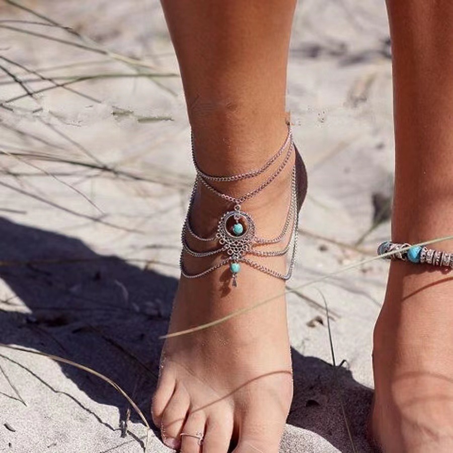 【New Arrivals】European and American Cross-border Jewelry Bohemian Style Retro Ethnic Style Hollow Turquoise Water Drop Footpiece