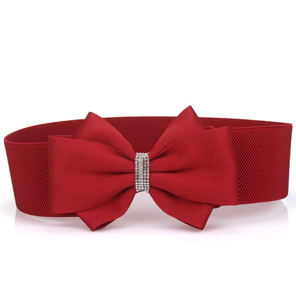 Decorative Adjustable Buckle Women's Elastic Wide Belt Plus Size Solid Color Elastic Bow Belt Rhinestone Stretch Belt for Dress Jeans
