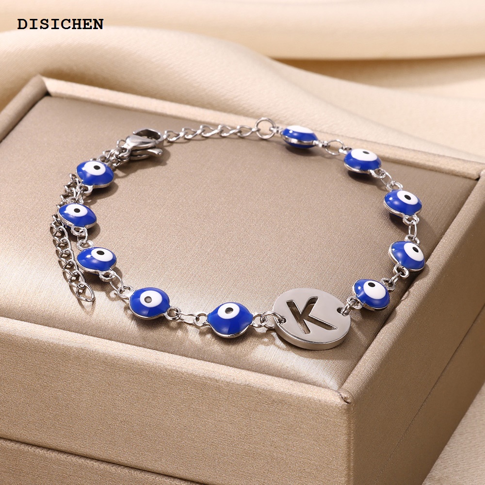 DISICHEN Turkish Blue Eye Letters Bracelets For Women Girl Men Jewelry Stainless Steel Silver Color Initials Round Bracelet Femme