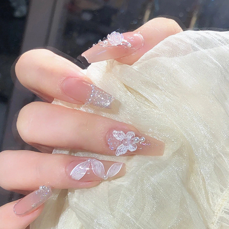 24Pcs Short Pink Crystal Fake Nails with Glue DIY Art Design False Artificial Nails