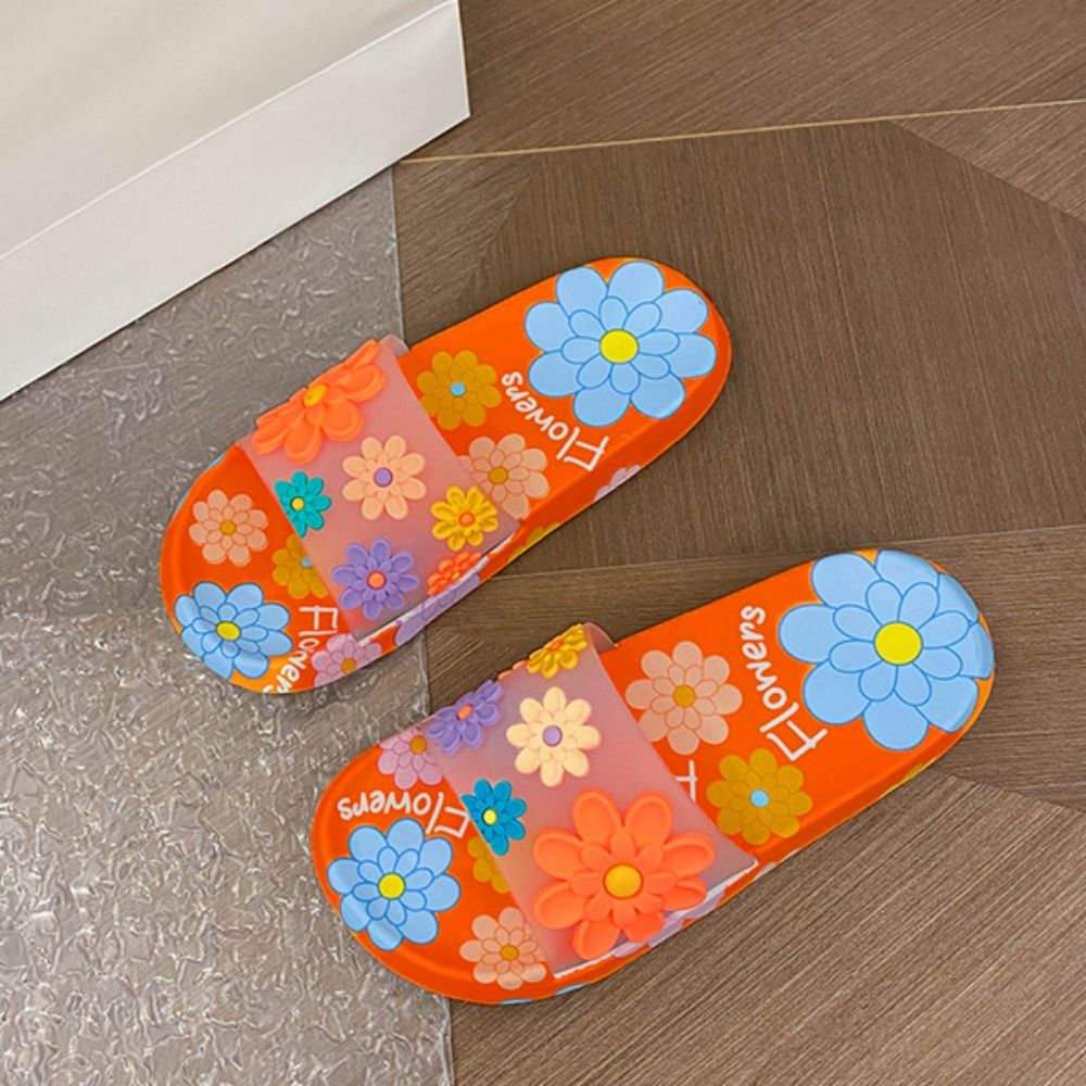 Fashion Anti Slip Flower Slippers PVC Soft Soled Flat Slippers Women Shoes Sweet Flower Slides Sandals Sea