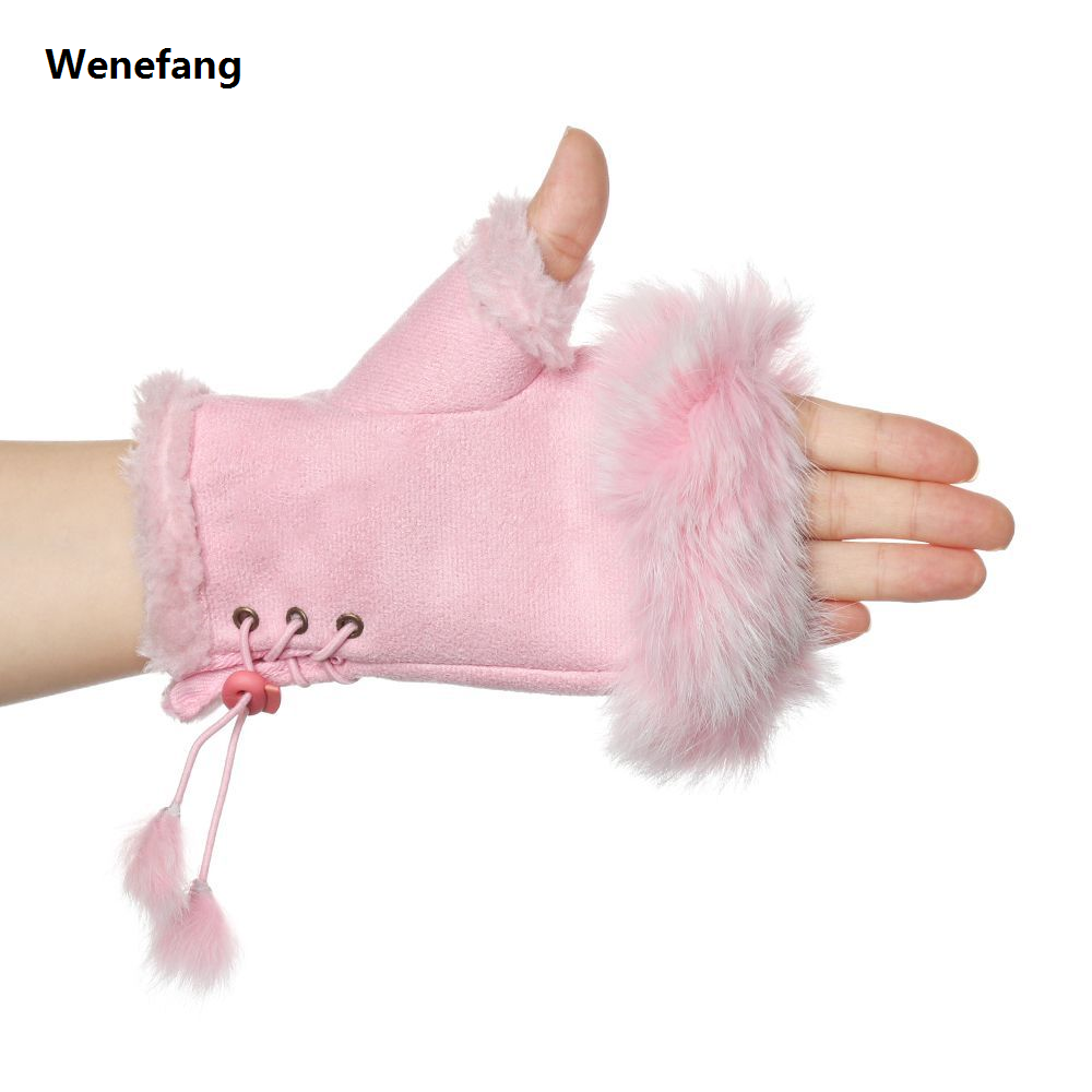 Wenefang 1Pair Fashion Thicken Rabbit Hair Gloves Soft Faux Winter Warm Fingerless Mittens Women Girls Windproof Stretch Gloves