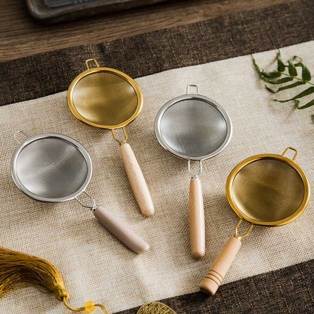 Teapot Accessories Wooden Handle Tea Strainer with Hook Reusable Coffee Filters Stainless Steel Leak Mesh Sieve Coffee